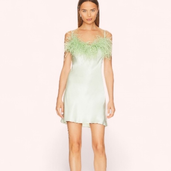Sleeper Boheme Mint Green Ostrich Feather Trim Satin Mini Slip Dress Size S - Picture 3 of 11
